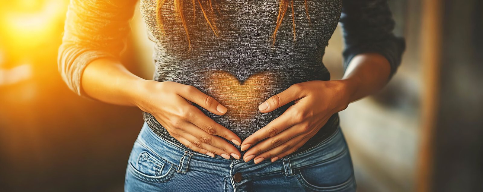 Heart shape made with womans hands on stomach, gut health and microbiome, digestive wellbeing, wellness concept, mindful living, healthy body