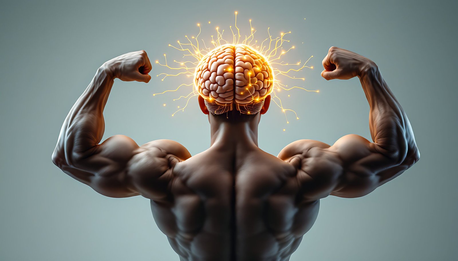 A powerful muscular man flexing shows a glowing brain symbolizing the power of mind and body, ideal for fitness or educational concepts.